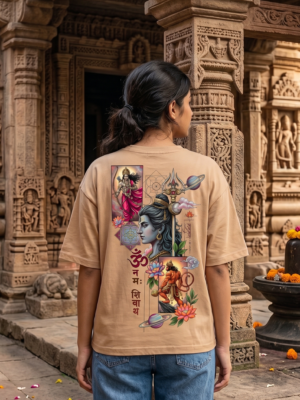 Unisex Oversized Shiva & Hanuman Graphic T-Shirt � Divine Fusion Artwork, beige/camel Cotton Tee