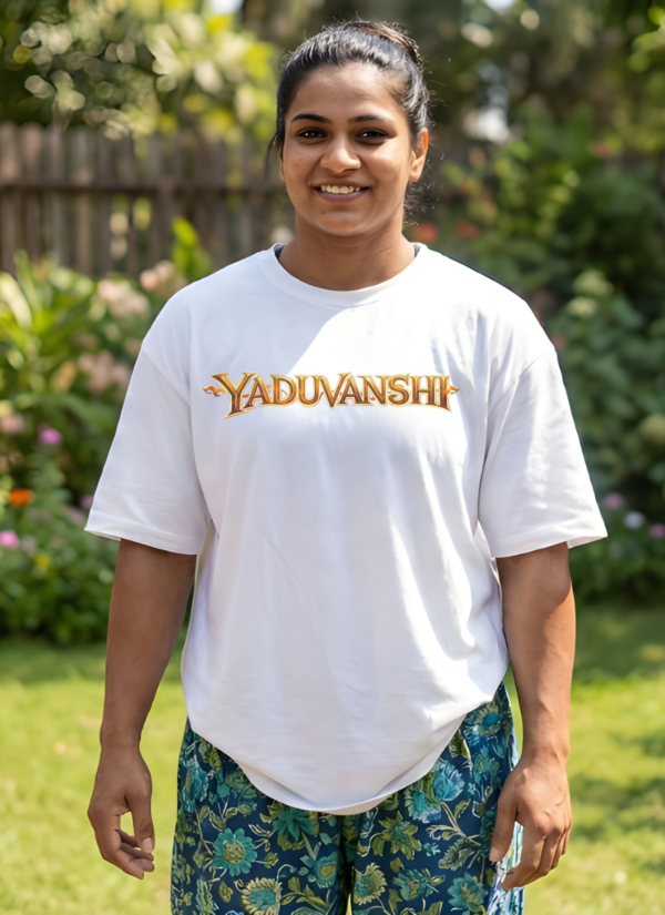 Yxjrhrqc_C3B33XXRYE_2026-02-05_1.png Yaduvanshi Oversized T-Shirt for Women | Krishna Balram Divine Art White Tee | Loopknit 240 GSM