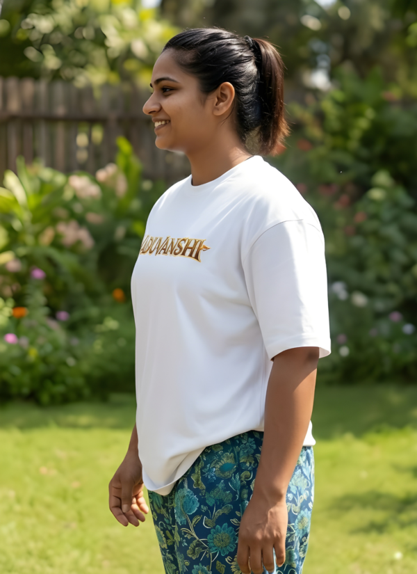Yxjrhrqc_YJWJ2803VM_2026-02-05_3.png Yaduvanshi Oversized T-Shirt for Women | Krishna Balram Divine Art White Tee | Loopknit 240 GSM