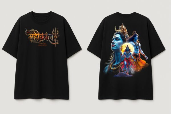 Mahakal Divine Graphic Oversized Black T-Shirt for Men & Women | Spiritual Lord Shiva Back Print | Premium 240 GSM Loopknit Cotton | Unisex Streetwear Devotional Design | Front Sanskrit Typography & Detailed Back Artwork