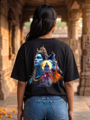 Mahakal Divine Graphic Oversized Black T-Shirt for Men & Women | Spiritual Lord Shiva Back Print | Premium 240 GSM Loopknit Cotton | Unisex Streetwear Devotional Design | Front Sanskrit Typography & Detailed Back Artwork
