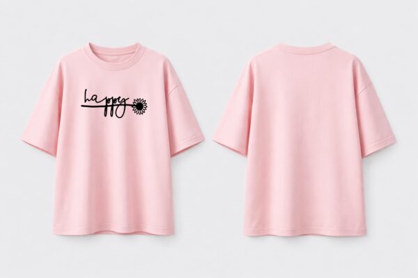 Women Pink Oversized T-Shirt Happy Graphic Print | Premium Loopknit Cotton 240 GSM Casual Streetwear Tee
