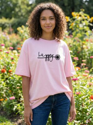 bUjlSbk8_ZTYPDYIU13_2026-02-20_1.jpg Women Pink Oversized T-Shirt Happy Graphic Print | Premium Loopknit Cotton 240 GSM Casual Streetwear Tee