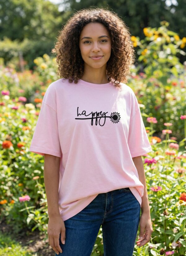 Women Pink Oversized T-Shirt Happy Graphic Print | Premium Loopknit Cotton 240 GSM Casual Streetwear Tee