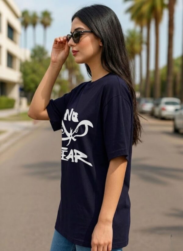 cAW0rmFu_4I5C5DT79Y_2026-05-25_3.jpg Women's Oversized No Fear Graphic Printed T-Shirt | Trendy Navy Blue Typography Streetwear Baggy Tee for Girls & Women | Casual Drop Shoulder Half Sleeve Round Neck Fashion T-Shirt | Loopknit 240 GSM Premium Oversized Fit