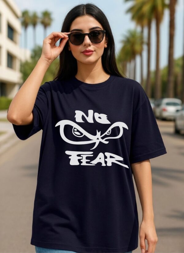 Women's Oversized No Fear Graphic Printed T-Shirt | Trendy Navy Blue Typography Streetwear Baggy Tee for Girls & Women | Casual Drop Shoulder Half Sleeve Round Neck Fashion T-Shirt | Loopknit 240 GSM Premium Oversized Fit