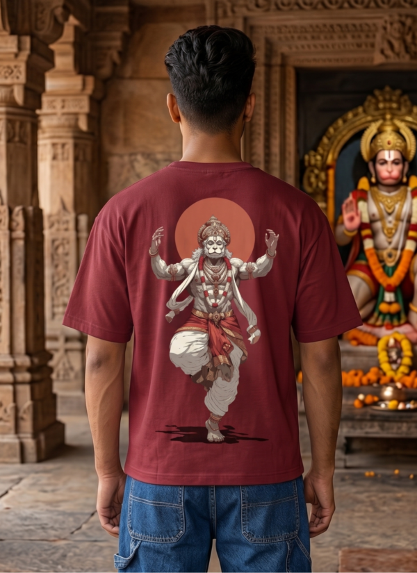 Unisex Oversized Hanuman Warrior Graphic T-Shirt Bold Devotion Design, Maroon Cotton Tee