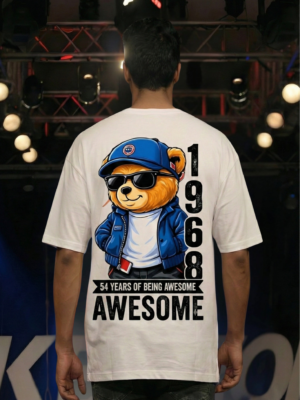 Awesome 1968 Anime Bear Oversized T-Shirt for Men | Birthday Special Cartoon Bear Back Print DTF T-Shirt | Modern Streetwear Casual Wear | Premium Loopknit 240 GSM Oversized Fit BY Giftspeaks