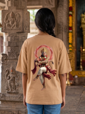 Unisex Oversized Hanuman Graphic T-Shirt Spiritual Warrior Design, Beige Cotton Tee