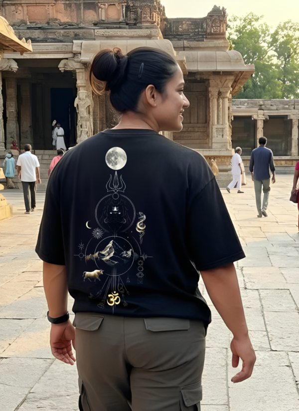 Mahakal Oversized T-Shirt for Women | Lord Shiva Trishul Back Print Black Tee | Loopknit 240 GSM Premium Cotton