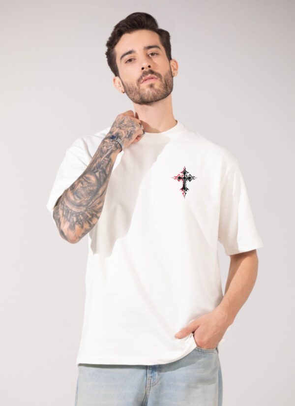 Mens Oversized White Graphic Printed T-Shirt | Gothic Cross Back Print | Premium Loopknit Cotton 240 GSM | Streetwear Urban Casual Tee