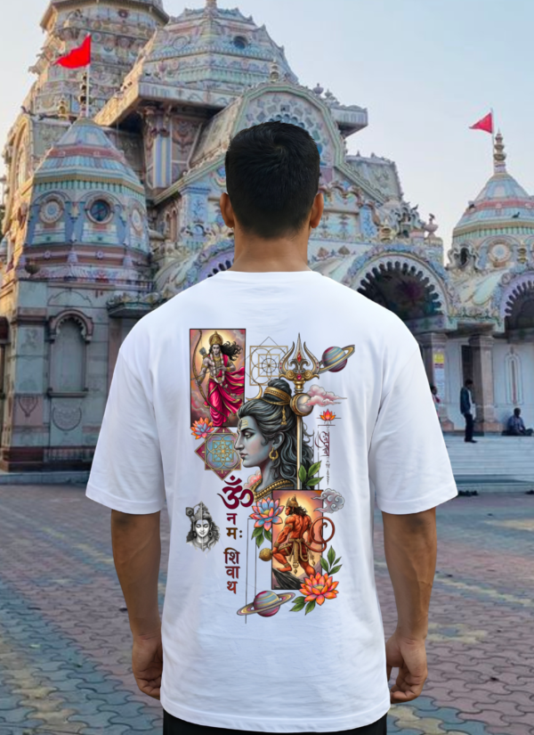 Mens Oversized White T-Shirt | Lord Shiva Om Namah Shivaya Graphic Print | Loopknit 240 GSM Premium Heavy Fabric | Spiritual Streetwear T-Shirt for Men