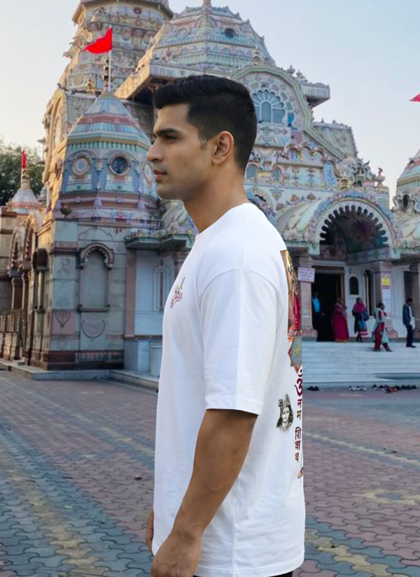 Mens Oversized White T-Shirt | Lord Shiva Om Namah Shivaya Graphic Print | Loopknit 240 GSM Premium Heavy Fabric | Spiritual Streetwear T-Shirt for Men