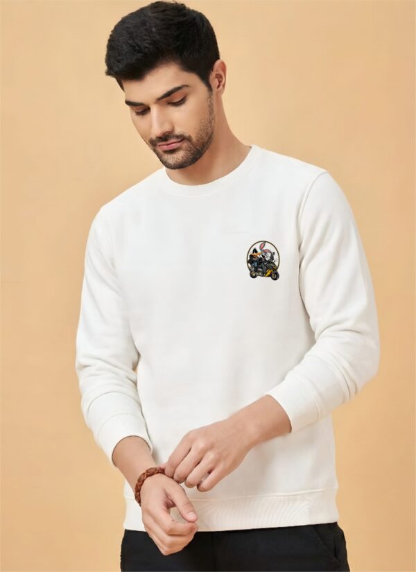 Criminal Mode Cartoon Graphic White Sweatshirt for Men | Bike Rider Streetwear Back Print | Premium Fleece 300 GSM | By Giftspeaks