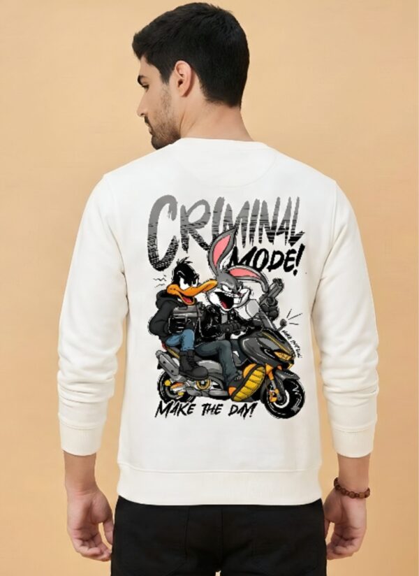Criminal Mode Cartoon Graphic White Sweatshirt for Men | Bike Rider Streetwear Back Print | Premium Fleece 300 GSM | By Giftspeaks