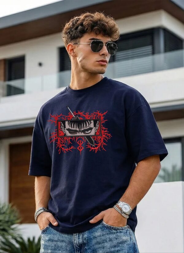 n00qXDxW_9IJRAB9SLS_2026-05-25_1.jpg Men's Oversized Anime Warrior Graphic Printed T-Shirt | Dark Navy Blue Streetwear Baggy Tee for Men | Japanese Manga Inspired Drop Shoulder Half Sleeve Round Neck Casual Fashion T-Shirt | Loopknit 240 GSM Premium Oversized Fit