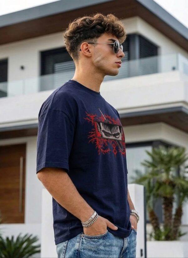 n00qXDxW_XINNVO7GBI_2026-05-25_3.jpg Men's Oversized Anime Warrior Graphic Printed T-Shirt | Dark Navy Blue Streetwear Baggy Tee for Men | Japanese Manga Inspired Drop Shoulder Half Sleeve Round Neck Casual Fashion T-Shirt | Loopknit 240 GSM Premium Oversized Fit