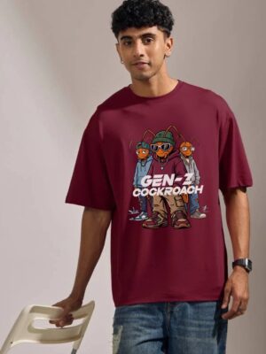 o0lB0Hz3_EY1Z2APEKB_2026-05-21_1.jpeg Men's Maroon Oversized T-Shirt with Gen-Z Cockroach Graphic Print for Men | Trendy Streetwear Baggy Fit Half Sleeve Round Neck Casual Tee | Premium Loopknit 240 GSM Heavyweight Cotton Oversized T-Shirt for Daily Wear, College & Urban Fashion
