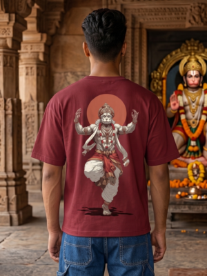 oik_kTS8_8A8CNN9PYC_2026-05-08_1.png Unisex Oversized Hanuman Warrior Graphic T-Shirt Bold Devotion Design, Maroon Cotton Tee