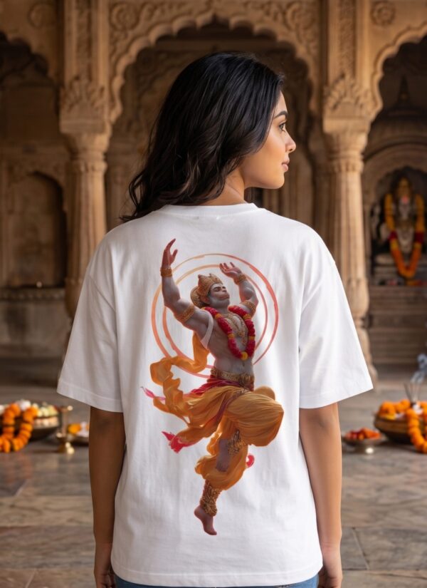 Unisex Oversized Dancing Hanuman Graphic T-Shirt | Energetic Devotion Design, White Cotton Tee