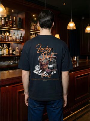 Mens Oversized Black T-Shirt | Lucky Shot Casino Whiskey Graphic Print | Loopknit 240 GSM Premium Heavy Fabric | Streetwear Oversized T-Shirt for Men