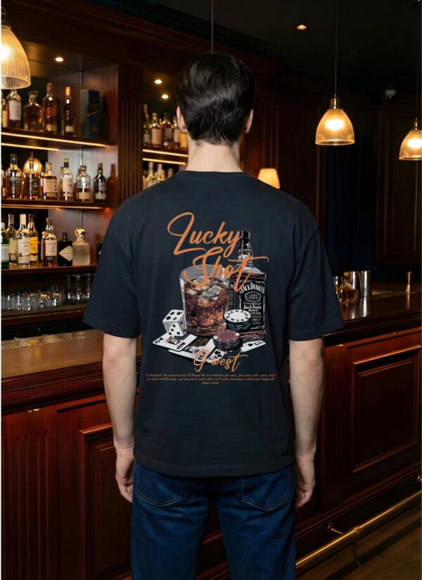 Mens Oversized Black T-Shirt | Lucky Shot Casino Whiskey Graphic Print | Loopknit 240 GSM Premium Heavy Fabric | Streetwear Oversized T-Shirt for Men