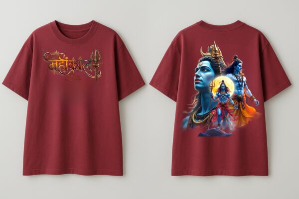Mahakal Divine Graphic Oversized Maroon T-Shirt for Men & Women | Spiritual Lord Shiva Back Print | Premium 240 GSM Loopknit Cotton | Unisex Streetwear Devotional Design | Front Sanskrit Typography & Detailed Back Artwork