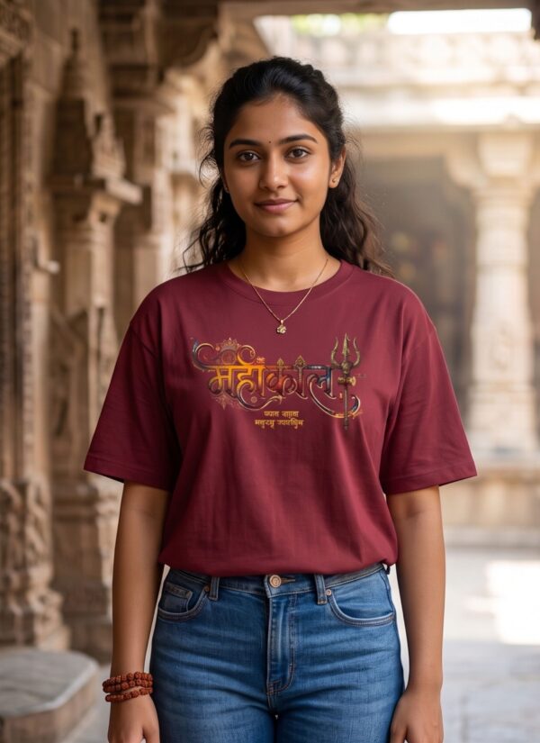 Mahakal Divine Graphic Oversized Maroon T-Shirt for Men & Women | Spiritual Lord Shiva Back Print | Premium 240 GSM Loopknit Cotton | Unisex Streetwear Devotional Design | Front Sanskrit Typography & Detailed Back Artwork