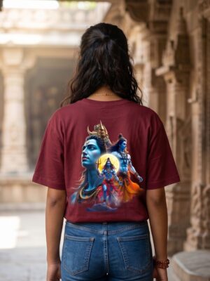 Mahakal Divine Graphic Oversized Maroon T-Shirt for Men & Women | Spiritual Lord Shiva Back Print | Premium 240 GSM Loopknit Cotton | Unisex Streetwear Devotional Design | Front Sanskrit Typography & Detailed Back Artwork