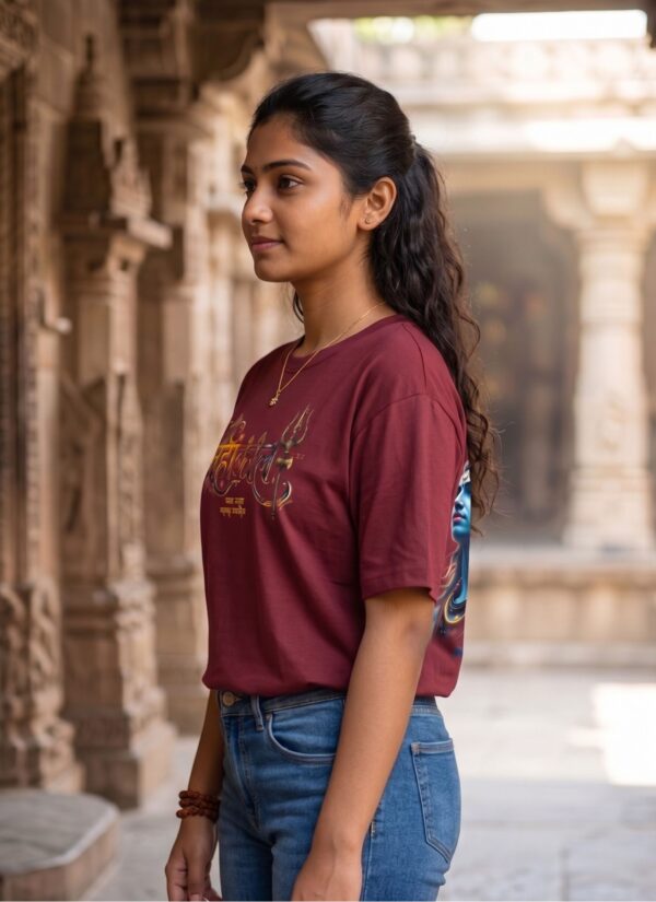 Mahakal Divine Graphic Oversized Maroon T-Shirt for Men & Women | Spiritual Lord Shiva Back Print | Premium 240 GSM Loopknit Cotton | Unisex Streetwear Devotional Design | Front Sanskrit Typography & Detailed Back Artwork