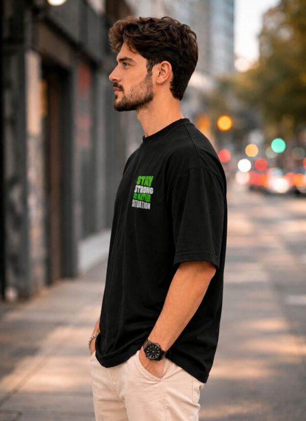 Stay Strong Oversized T-Shirt for Men | Motivational Typography Graphic Tee | Minimal Streetwear Casual Black Oversized Cotton Tshirt
