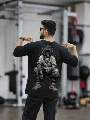 retouch_2026071713453238.jpg Mens Oversized Black Anime Warrior Graphic T-Shirt | Dark Manga Back Print | Premium Loopknit Cotton 240 GSM | Japanese Streetwear Style Tee