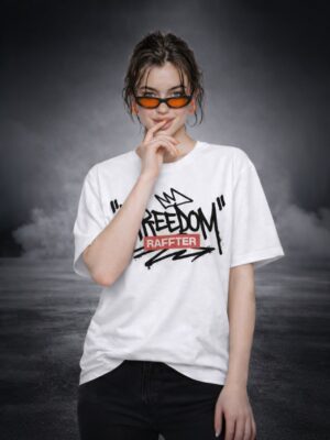 Womens White Oversized T-Shirt with Freedom Graffiti Print | Bold Streetwear Graphic Tee (Front & Back Print)
