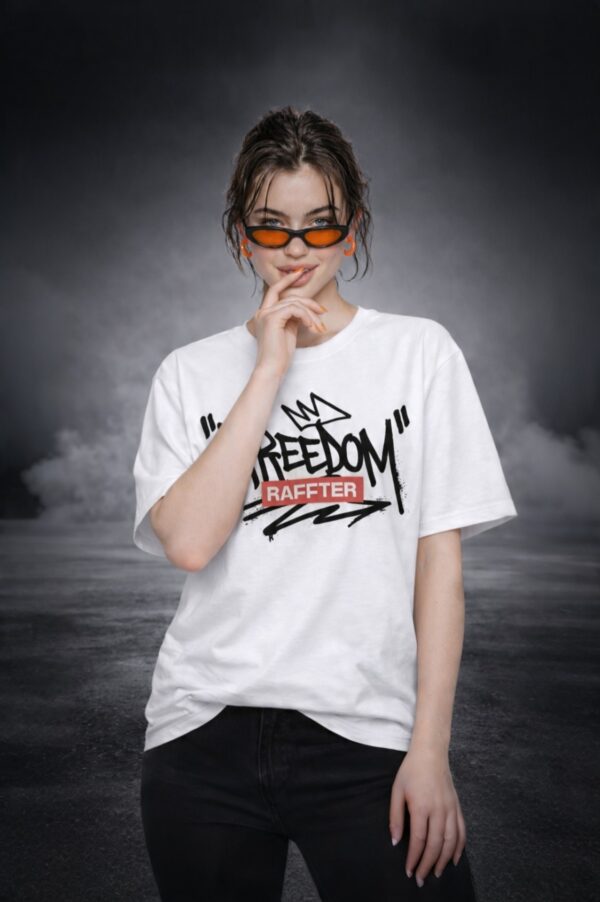Womens White Oversized T-Shirt with Freedom Graffiti Print | Bold Streetwear Graphic Tee (Front & Back Print)