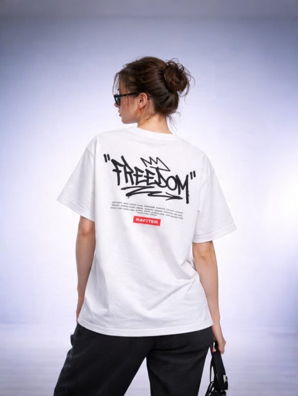 Womens White Oversized T-Shirt with Freedom Graffiti Print | Bold Streetwear Graphic Tee (Front & Back Print)