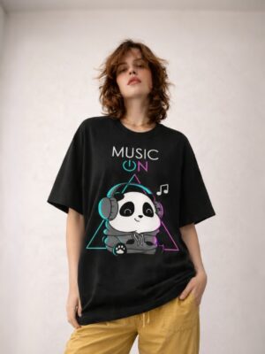 Women's Black Oversized Graphic T-Shirt | Music On Panda Print | Cute Aesthetic Casual Streetwear Tee