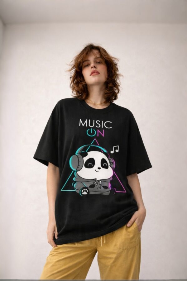 retouch_2026071713570096.jpg Women's Black Oversized Graphic T-Shirt | Music On Panda Print | Cute Aesthetic Casual Streetwear Tee