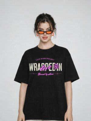 Women's Black Oversized Graphic T-Shirt Wear Your Heart on Your Sleeve Back Print | Premium Loopknit 240 GSM Cotton | Bold Pink & White Typography Design | Casual Streetwear Round Neck Tee for Daily Wear