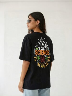 Black Science Graphic Printed Women’s Oversized T-Shirt | “Science Is Magic” Artistic Back Print | Loopknit Fabric 240 GSM | Premium Streetwear Tee – GiftSpeaks
