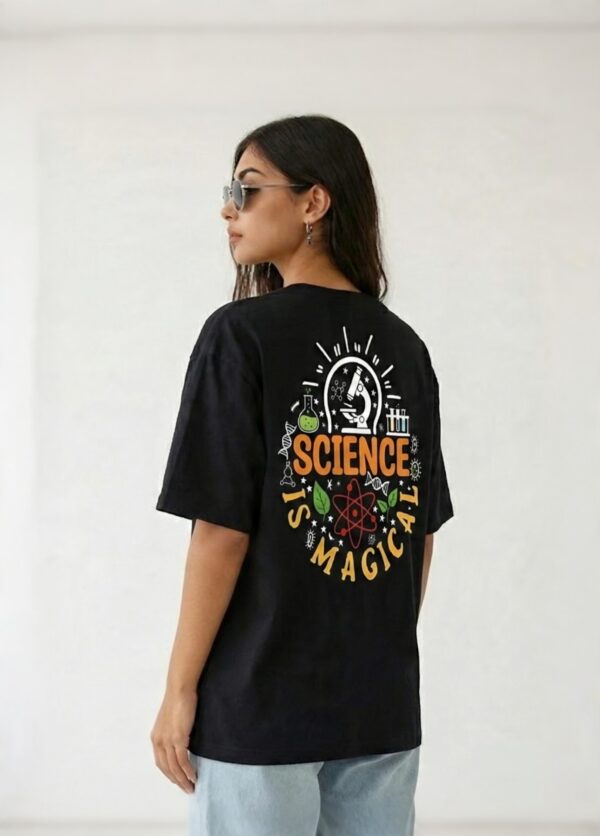 Black Science Graphic Printed Women’s Oversized T-Shirt | “Science Is Magic” Artistic Back Print | Loopknit Fabric 240 GSM | Premium Streetwear Tee – GiftSpeaks
