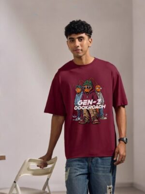 retouch_2026071716185684.jpg Men's Maroon Oversized T-Shirt with Gen-Z Cockroach Graphic Print for Men | Trendy Streetwear Baggy Fit Half Sleeve Round Neck Casual Tee | Premium Loopknit 240 GSM Heavyweight Cotton Oversized T-Shirt for Daily Wear, College & Urban Fashion