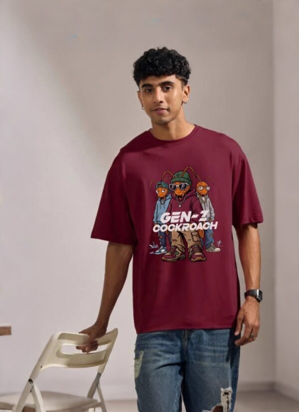 retouch_2026071716185684.jpg Men's Maroon Oversized T-Shirt with Gen-Z Cockroach Graphic Print for Men | Trendy Streetwear Baggy Fit Half Sleeve Round Neck Casual Tee | Premium Loopknit 240 GSM Heavyweight Cotton Oversized T-Shirt for Daily Wear, College & Urban Fashion