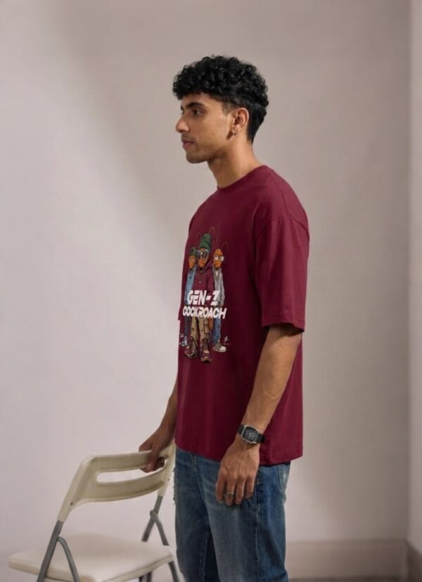 retouch_2026071716193041.jpg Men's Maroon Oversized T-Shirt with Gen-Z Cockroach Graphic Print for Men | Trendy Streetwear Baggy Fit Half Sleeve Round Neck Casual Tee | Premium Loopknit 240 GSM Heavyweight Cotton Oversized T-Shirt for Daily Wear, College & Urban Fashion