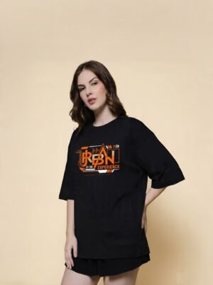 Women Oversized Black T-Shirt | Urban Experience Graphic Print | Premium Loopknit Cotton 240 GSM | Streetwear Style by Giftspeaks
