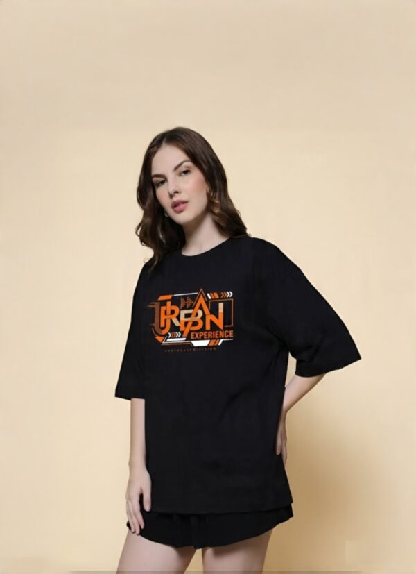 Women Oversized Black T-Shirt | Urban Experience Graphic Print | Premium Loopknit Cotton 240 GSM | Streetwear Style by Giftspeaks