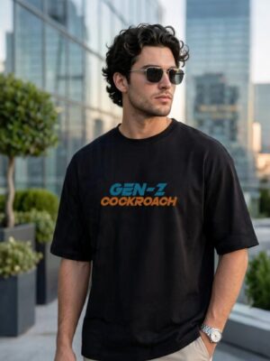 Men's Black Oversized Graphic T-Shirt with Gen-Z Cockroach Front & Back Print | CJP Inspired Urban Streetwear Baggy Fit Tee for Men | Aesthetic Drop Shoulder Half Sleeve Round Neck Oversized T-Shirt | Premium Loopknit 240 GSM Heavy Fabric