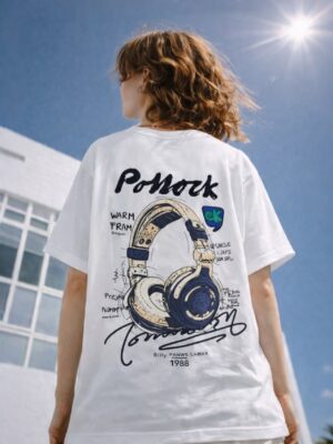 Womens Oversized White Graphic T-Shirt Headphone Back Print Casual Wear