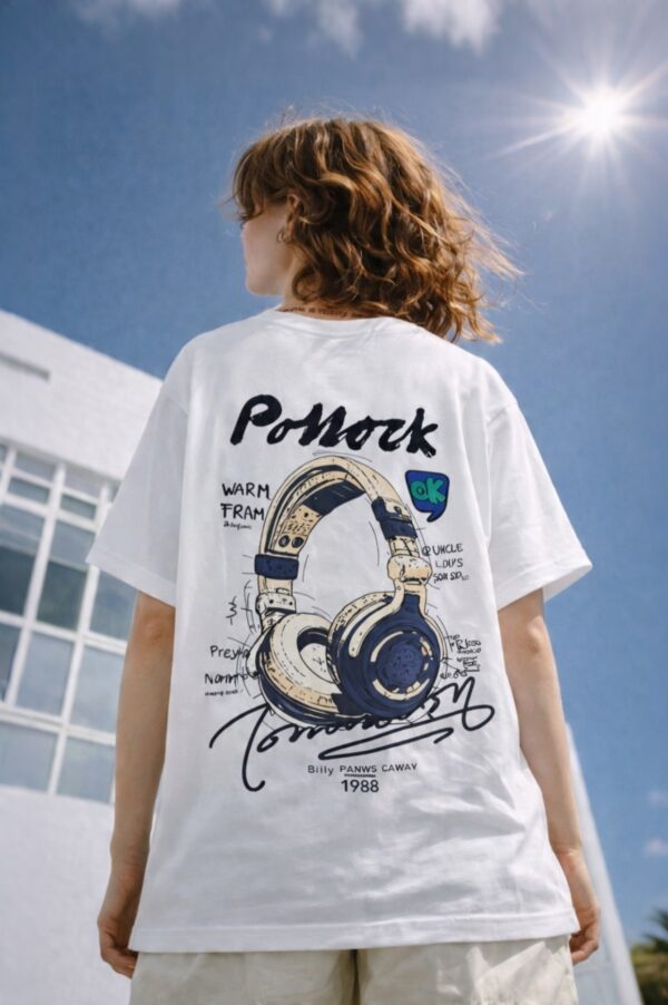 retouch_2026071814092708.jpg Womens Oversized White Graphic T-Shirt Headphone Back Print Casual Wear