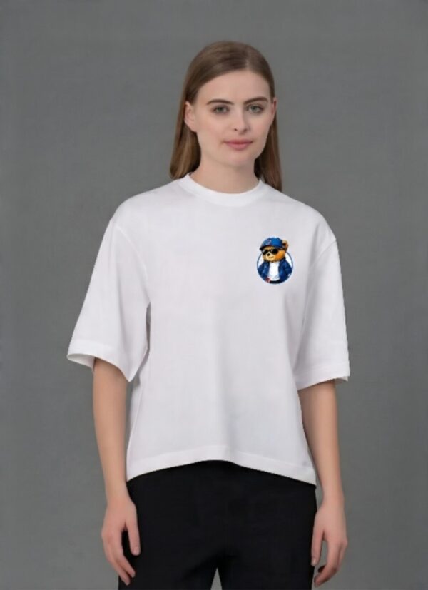 Oversized T-Shirt for Women | Bear Graphic Back Print White Tee | Loopknit 240 GSM Premium Cotton | Streetwear Oversize T Shirt