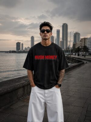 Hush Money Oversized Black T-Shirt for Men | Skull Money Graphic Back Print | Premium Streetwear Loopknit 240 GSM | By Giftspeaks